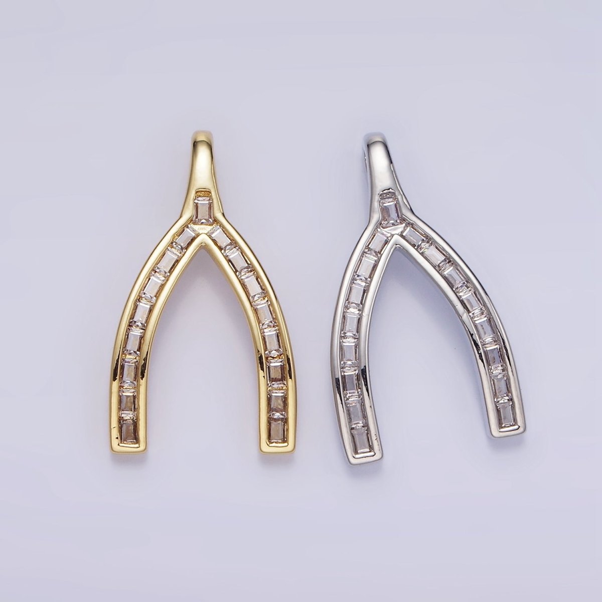 14K Gold Filled Baguette Lined Wishbone Pendant in Gold & Silver | AA1269