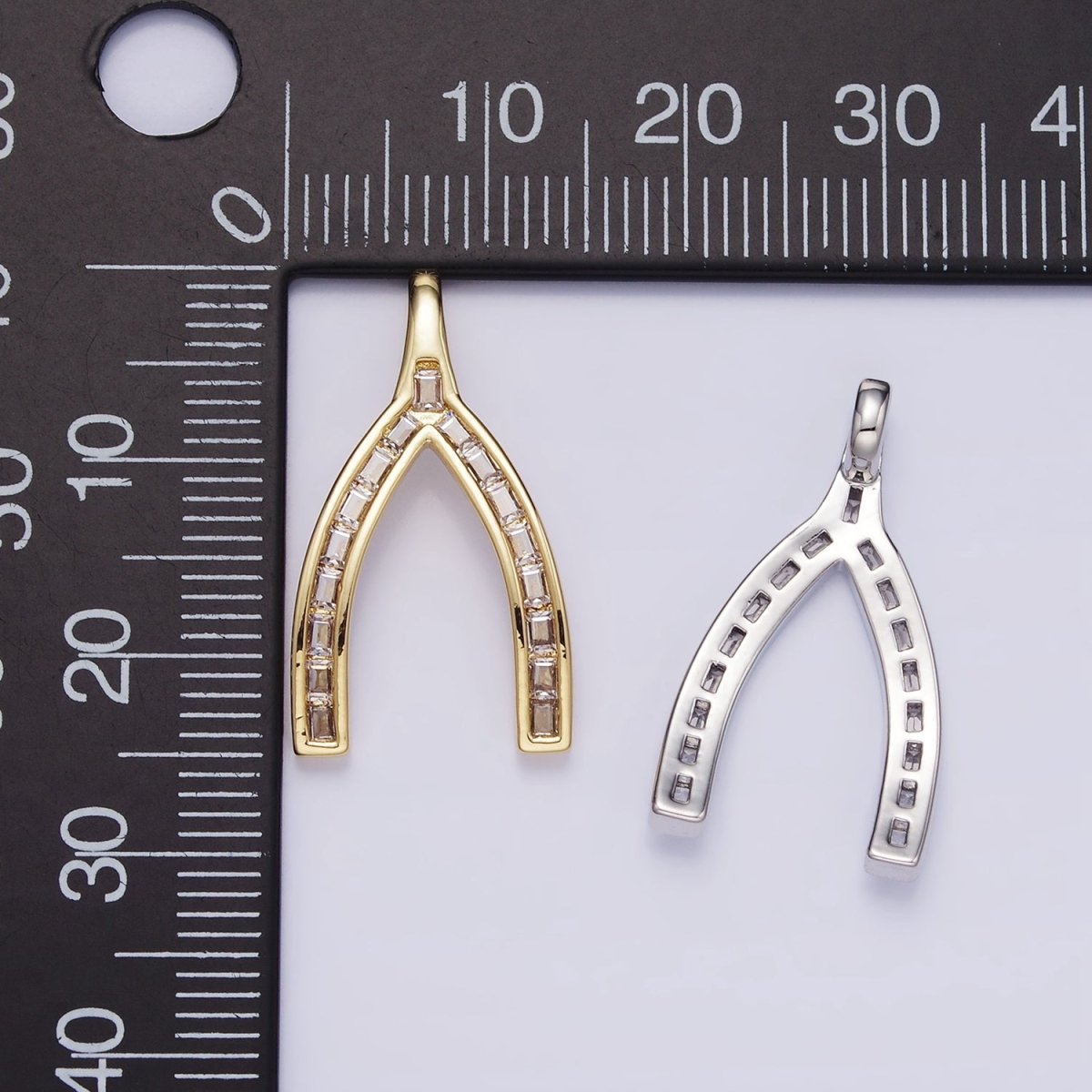 14K Gold Filled Baguette Lined Wishbone Pendant in Gold & Silver | AA1269