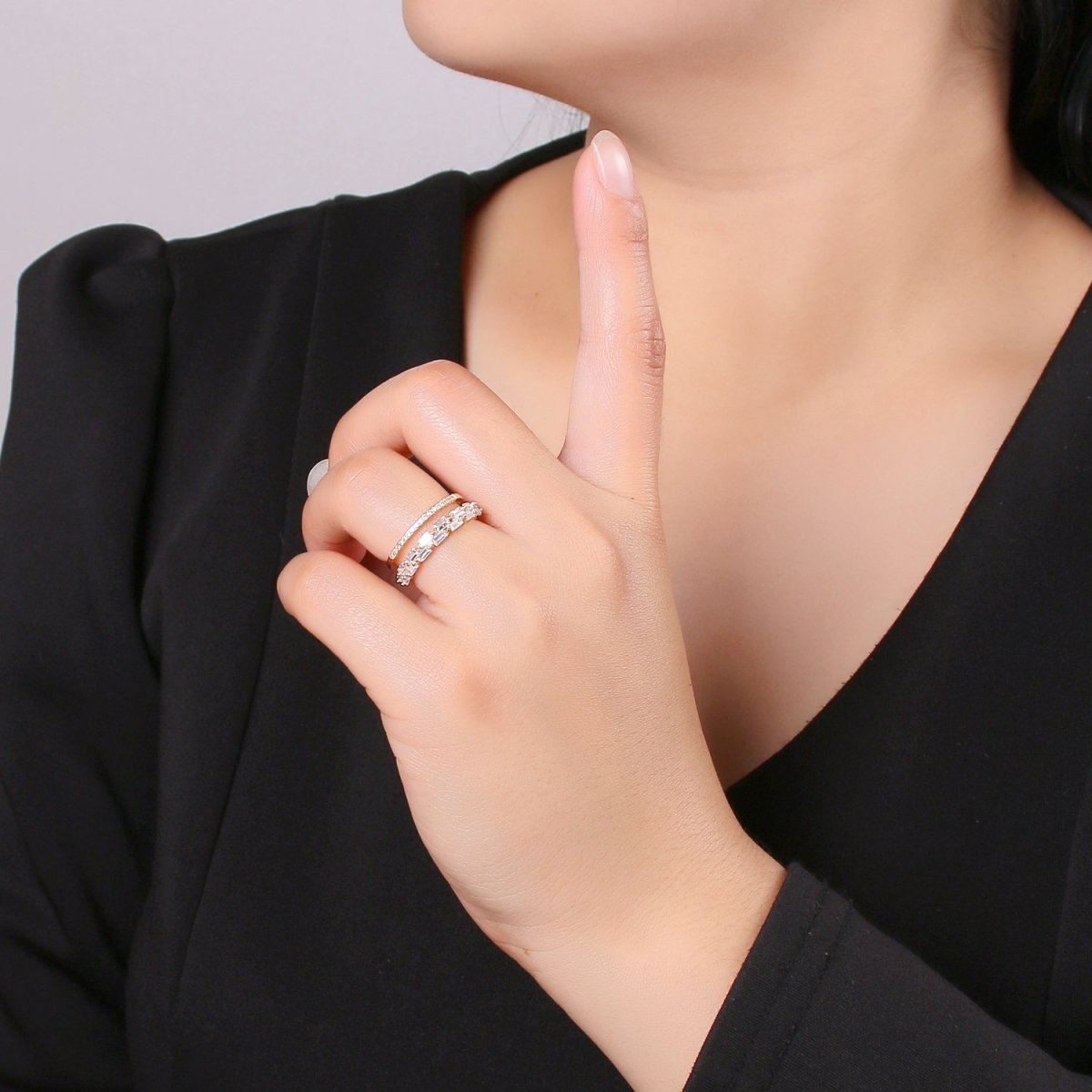 14K Gold Filled Baguette Micro Paved CZ Double Band Ring | U516 - DLUXCA
