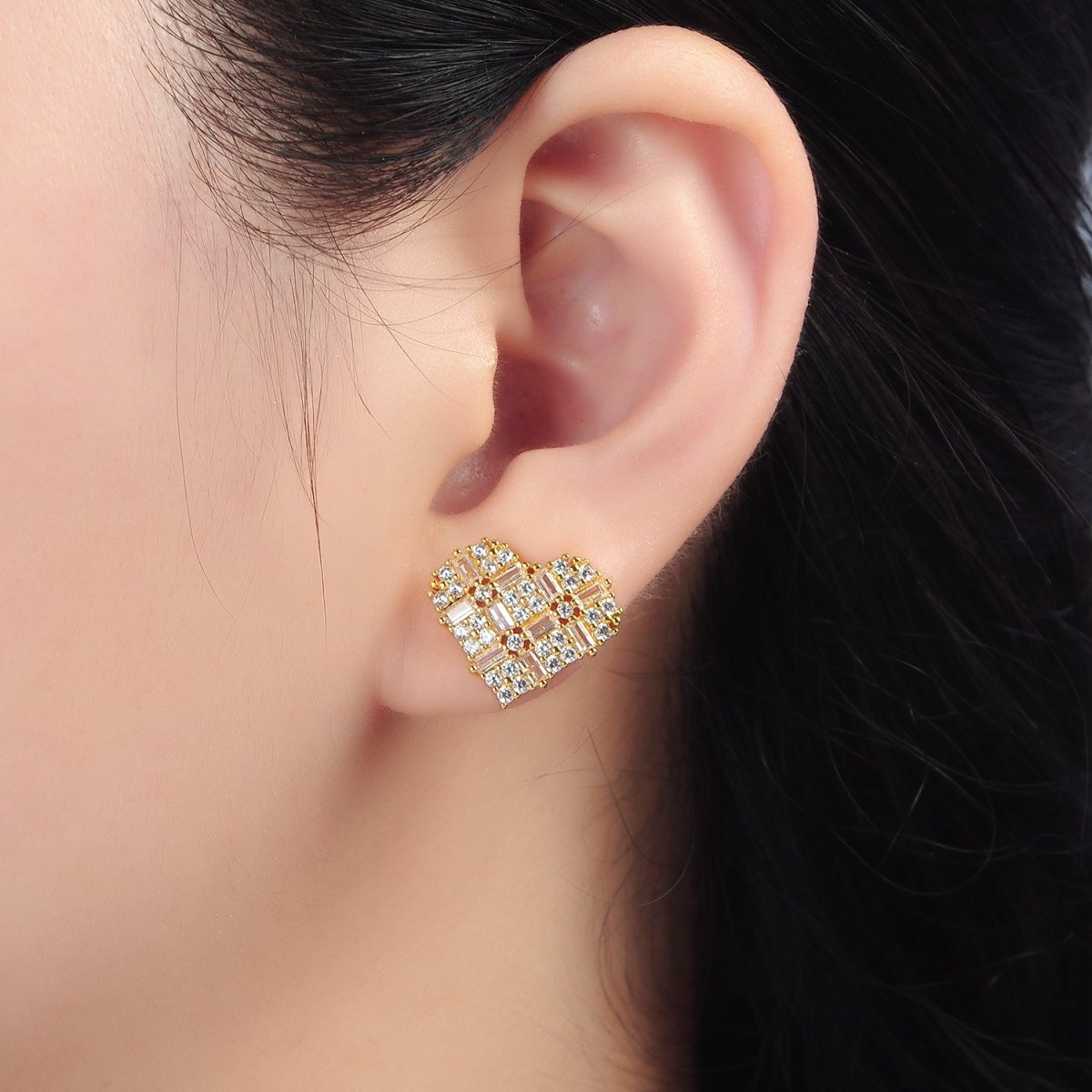 14K Gold Filled Baguette Micro Paved CZ Heart Stud Earrings in Gold & Silver | AD596 AD597