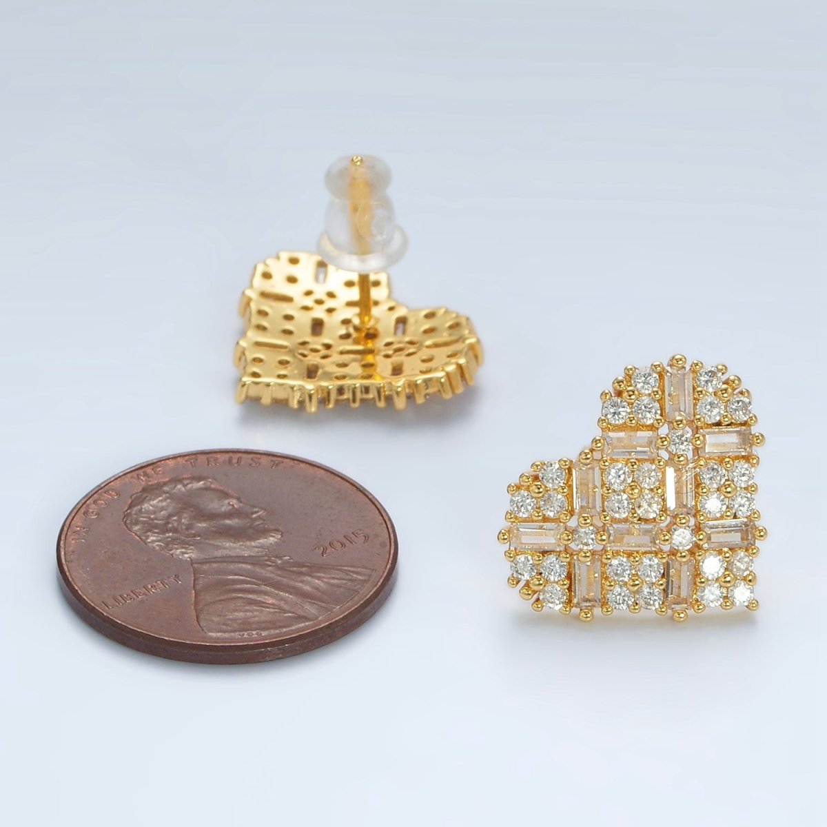 14K Gold Filled Baguette Micro Paved CZ Heart Stud Earrings in Gold & Silver | AD596 AD597