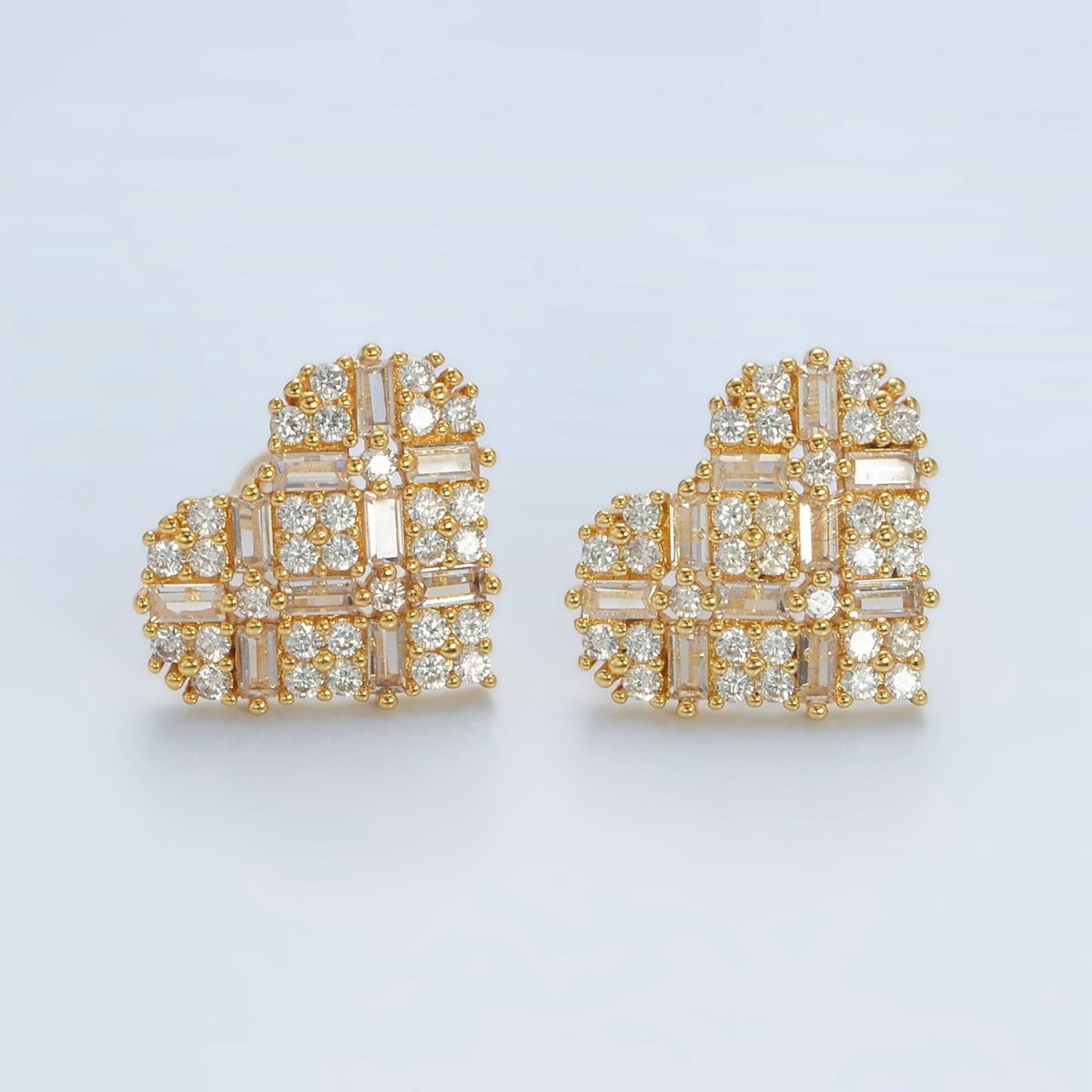 14K Gold Filled Baguette Micro Paved CZ Heart Stud Earrings in Gold & Silver | AD596 AD597