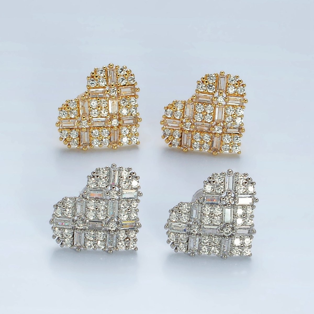 14K Gold Filled Baguette Micro Paved CZ Heart Stud Earrings in Gold & Silver | AD596 AD597