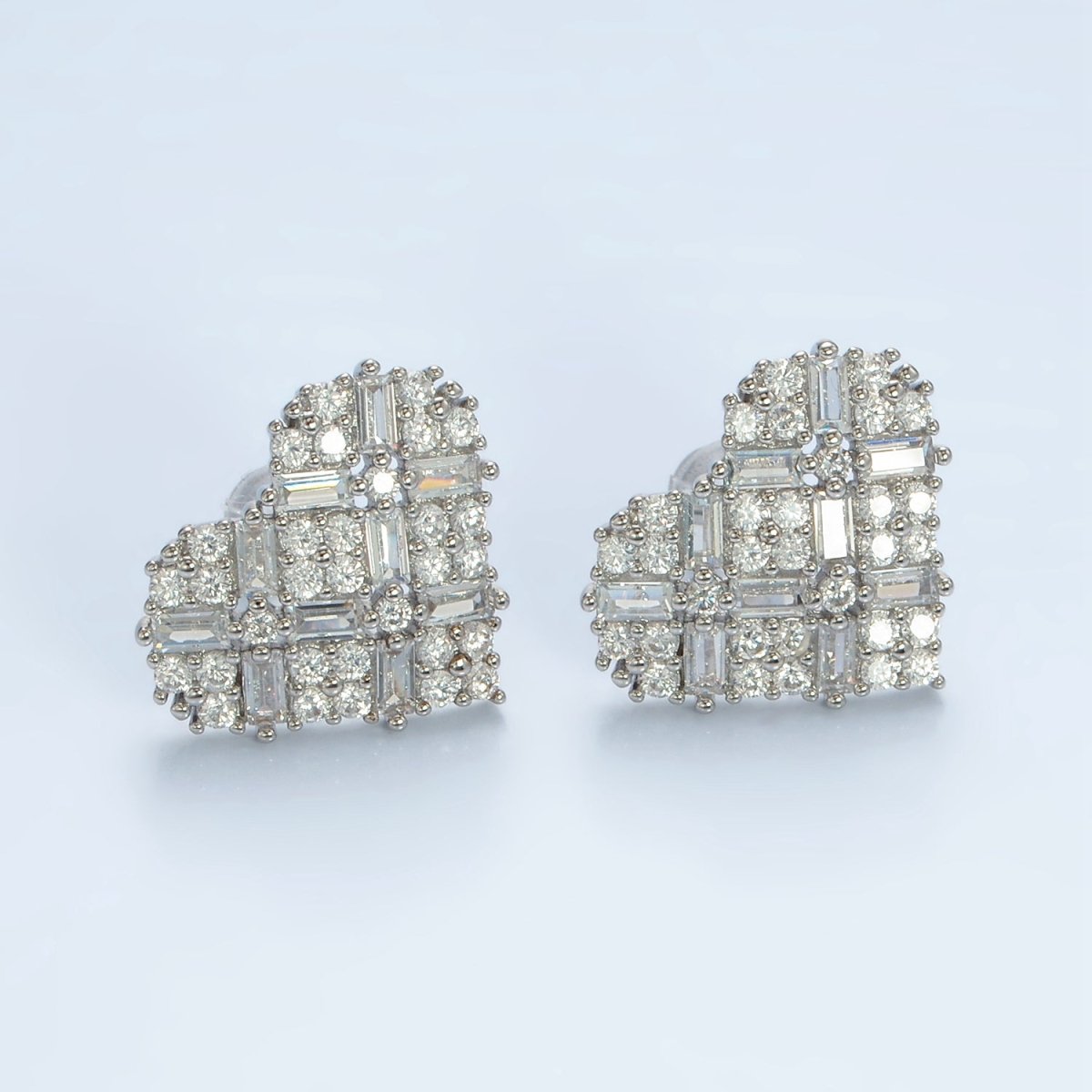 14K Gold Filled Baguette Micro Paved CZ Heart Stud Earrings in Gold & Silver | AD596 AD597