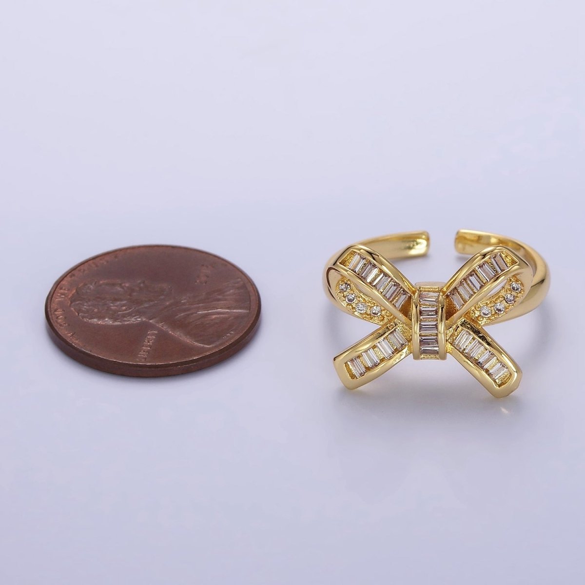 14K Gold Filled Baguette Micro Paved Ribbon Bow Ring | O245 - DLUXCA