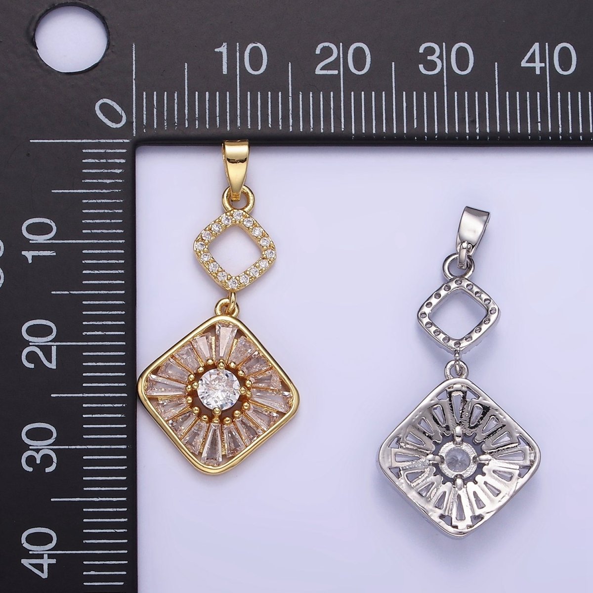 14K Gold Filled Baguette Open Rhombus Double Drop Pendant in Gold & Silver | AA1160