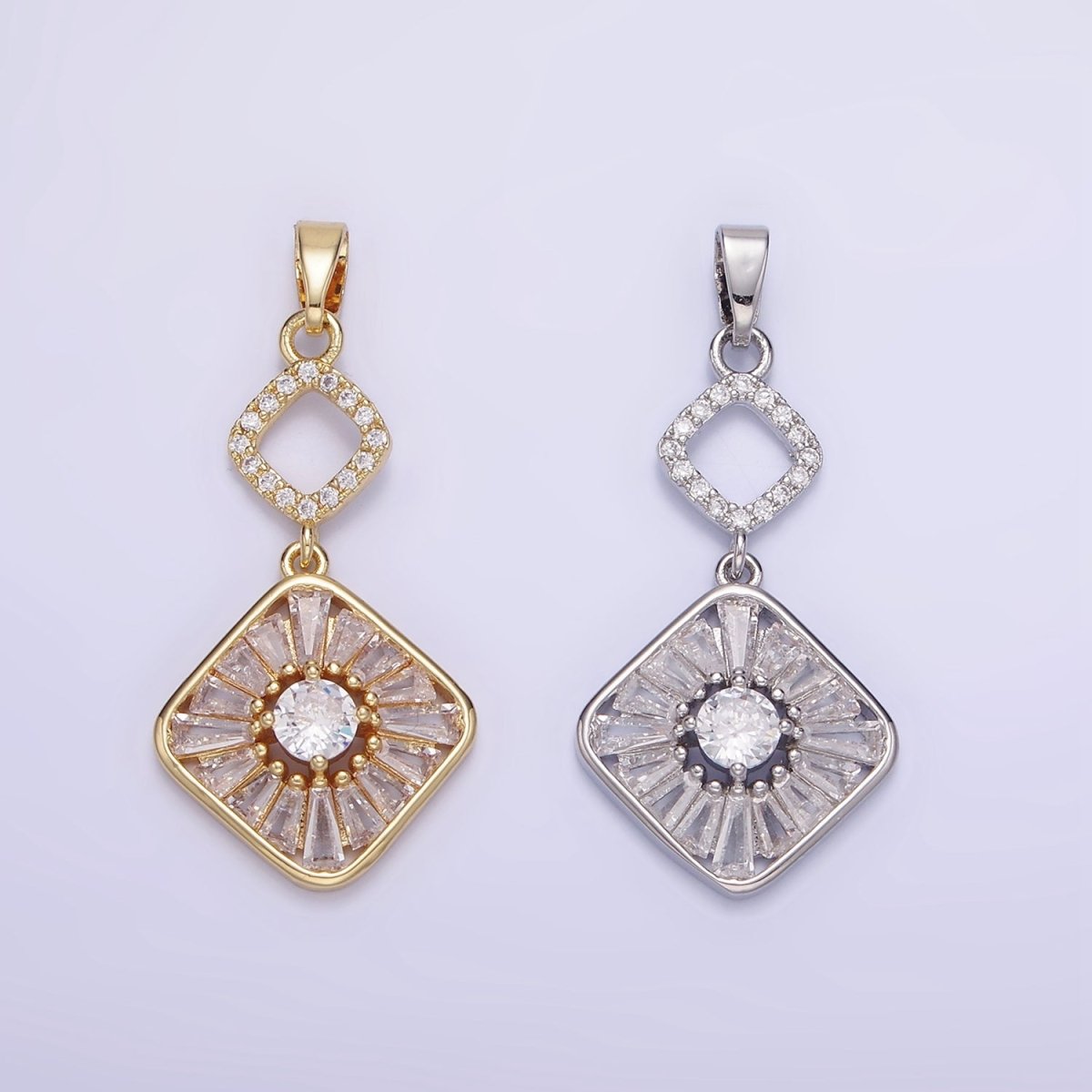 14K Gold Filled Baguette Open Rhombus Double Drop Pendant in Gold & Silver | AA1160