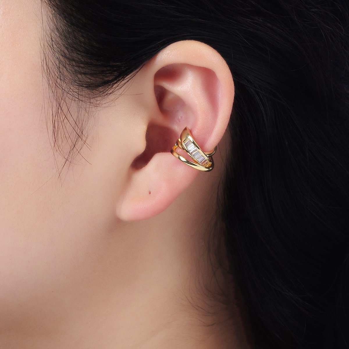 14K Gold Filled Baguette Triple Band Lined Ear Cuff Earrings | AI161 - DLUXCA