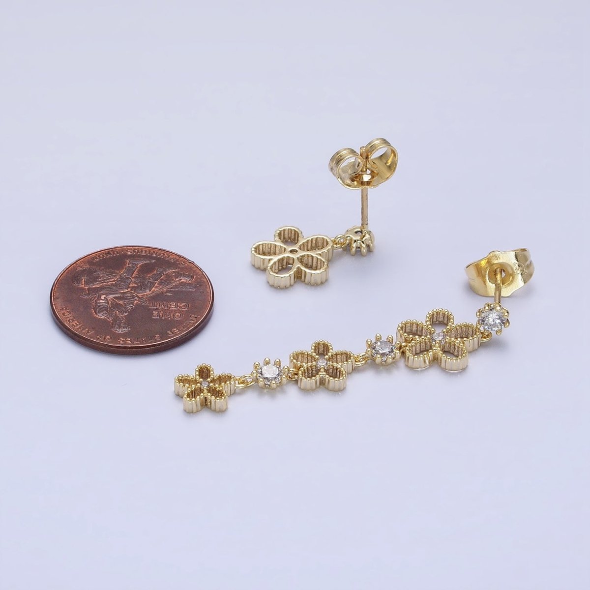 14K Gold Filled Beaded Flower Clear CZ Linear Drop Stud Earrings Set | AD1467 - DLUXCA
