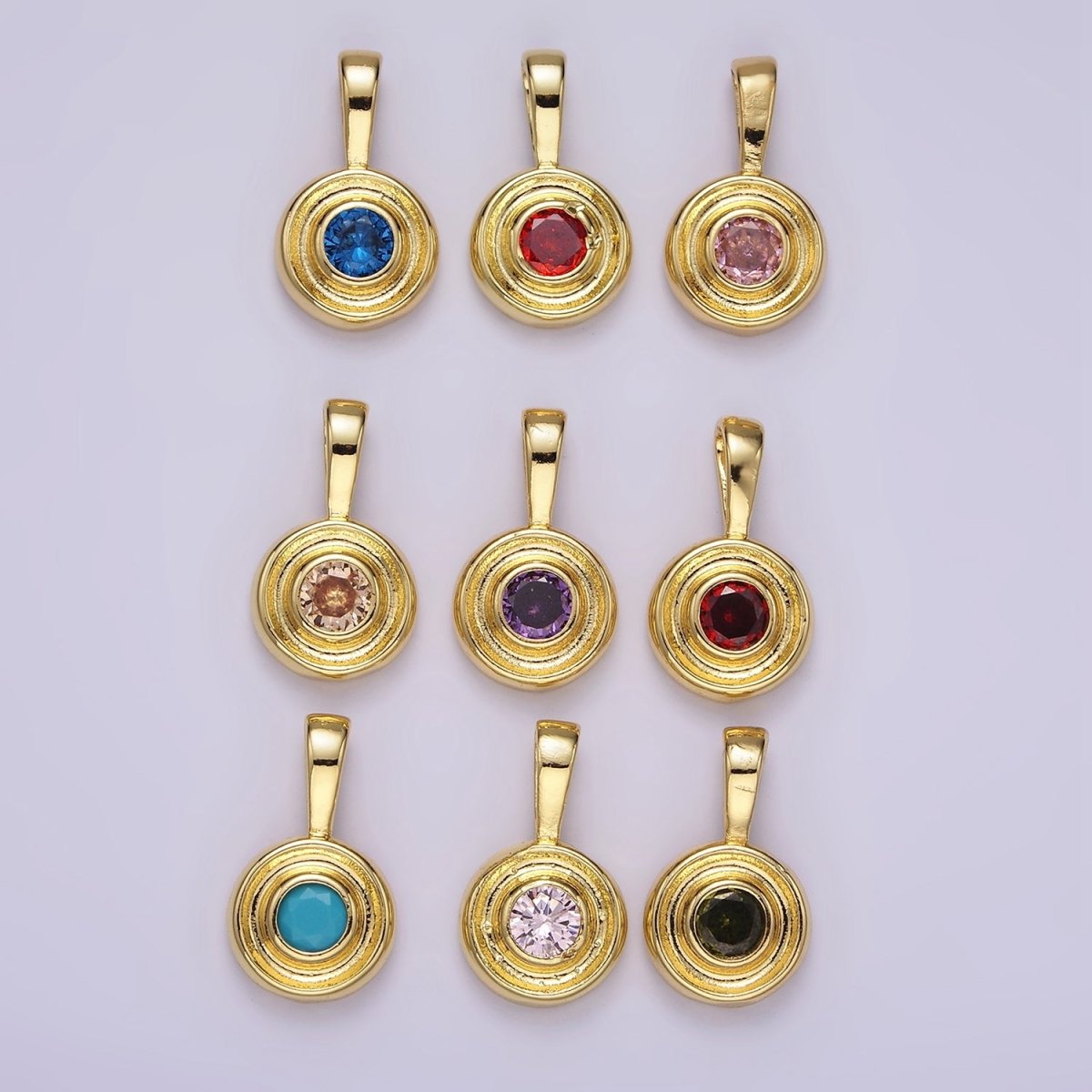 14K Gold Filled Birthstone CZ Lined-Bezel Round Pendant | N1970 - N1973