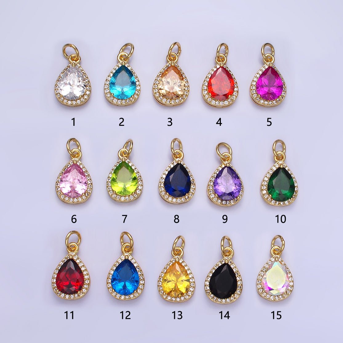 14K Gold Filled Birthstone CZ Teardrop Micro Paved Charm in Gold & Silver | W696 - W703, W751 - W757