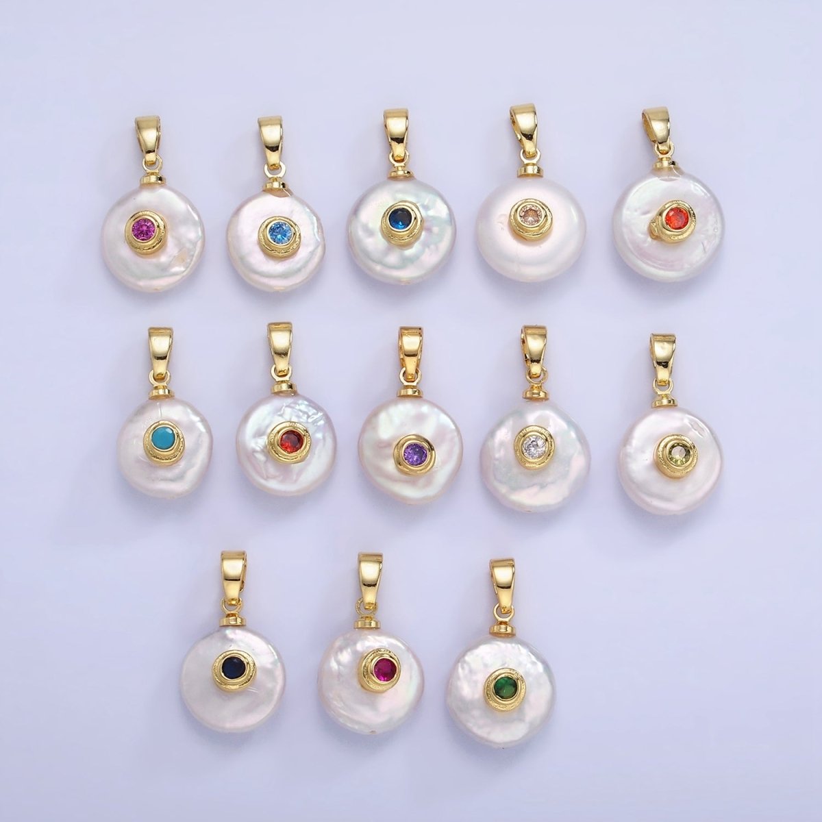 14K Gold Filled Birthstone Round CZ Freshwater Pearl Pendant | P1671 - P1674