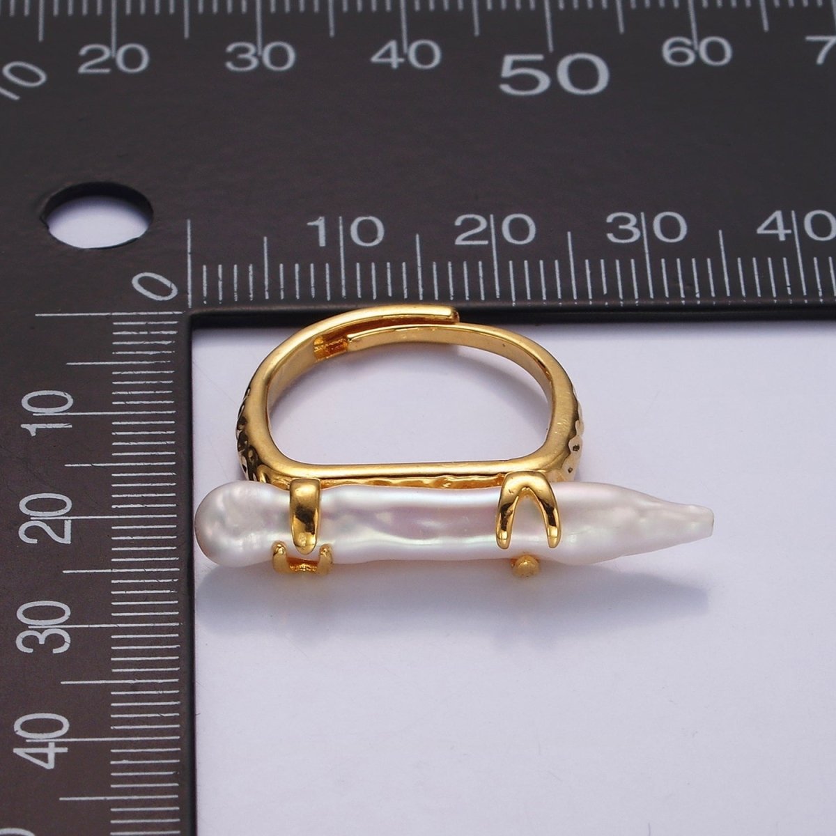 14K Gold Filled Biwa Long Freshwater Pearl Dented Signet Adjustable Ring | O1062