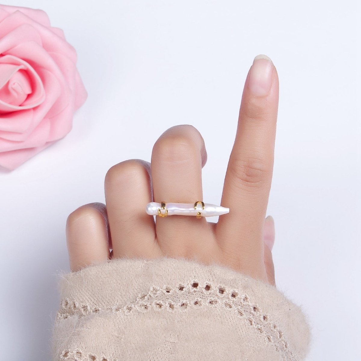 14K Gold Filled Biwa Long Freshwater Pearl Dented Signet Adjustable Ring | O1062