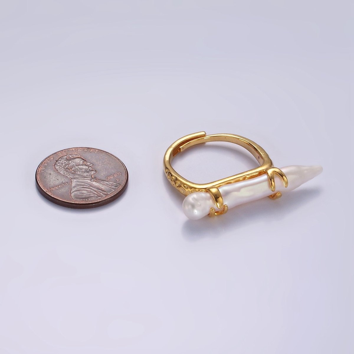 14K Gold Filled Biwa Long Freshwater Pearl Dented Signet Adjustable Ring | O1062