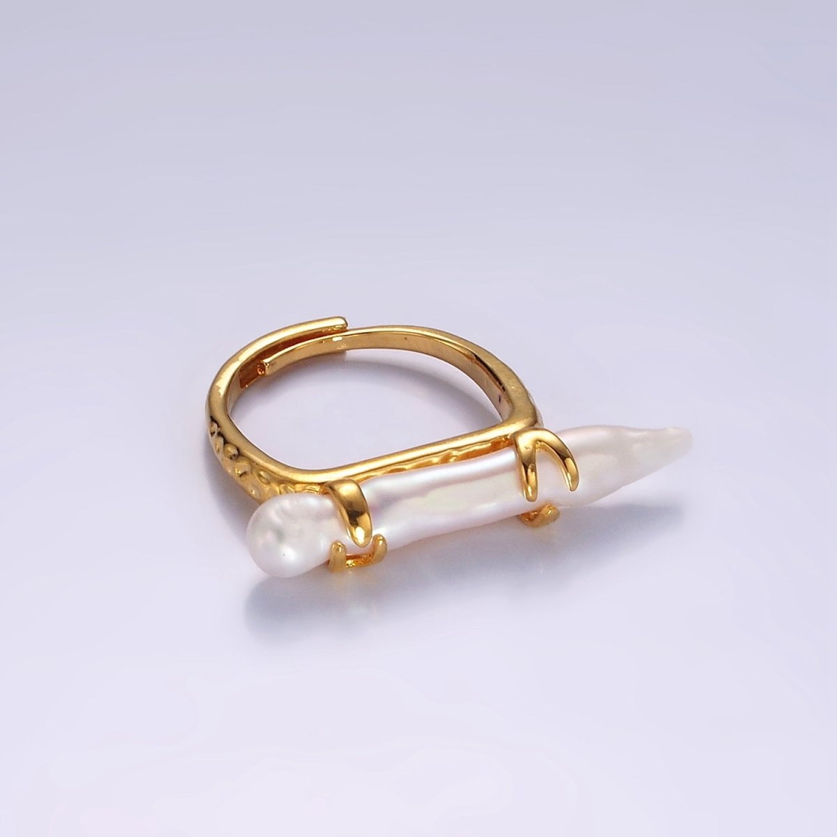 14K Gold Filled Biwa Long Freshwater Pearl Dented Signet Adjustable Ring | O1062