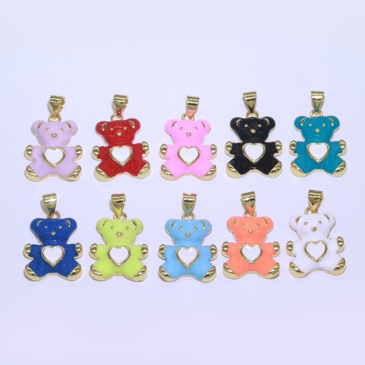 14K Gold Filled Black, Blue, Navy, Orange, Pink, Purple, Red, Teal, White, Yellow Teddy Bear Heart Enamel Pendant | AA765 - AA774