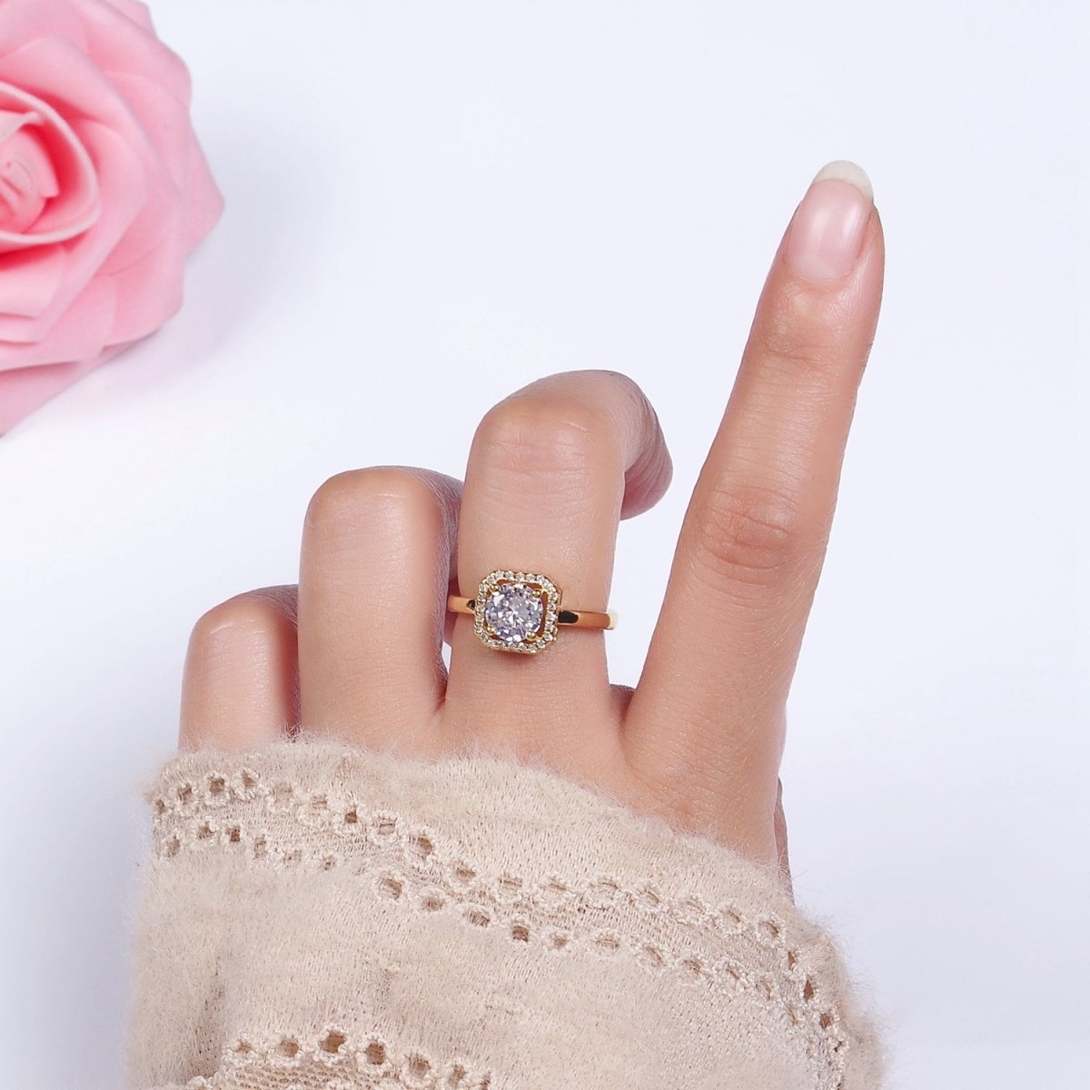 14K Gold Filled Black, Clear, Red CZ  Micro Paved Octagonal Solitaire Adjustable Ring | O-601 O-602 O-641