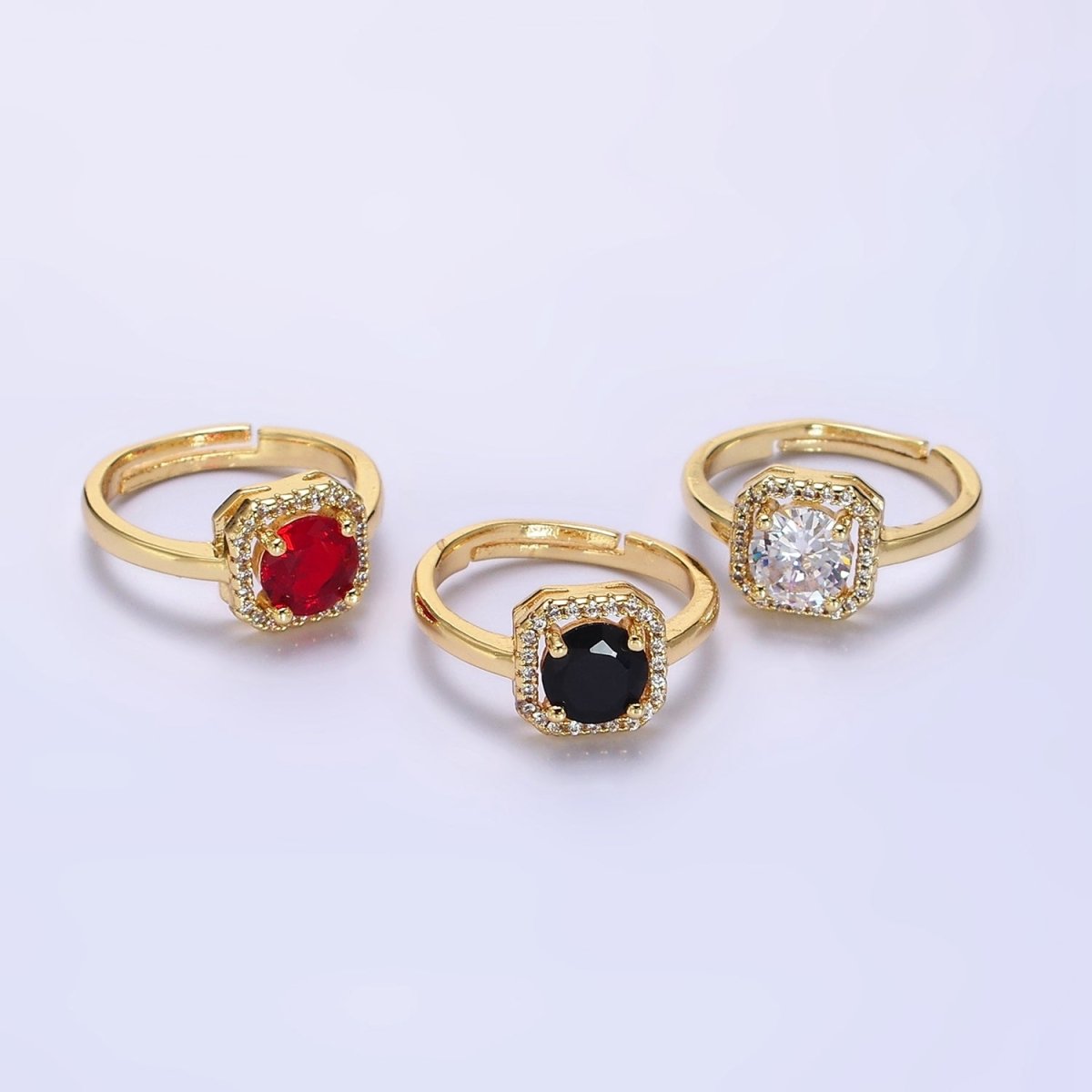 14K Gold Filled Black, Clear, Red CZ  Micro Paved Octagonal Solitaire Adjustable Ring | O-601 O-602 O-641