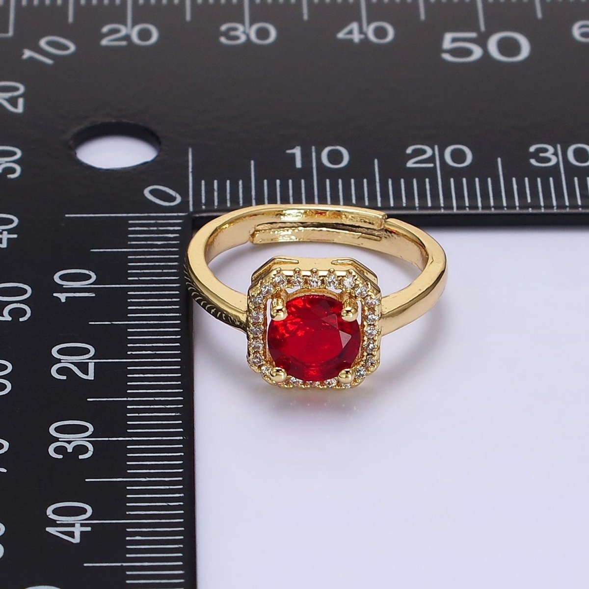 14K Gold Filled Black, Clear, Red CZ  Micro Paved Octagonal Solitaire Adjustable Ring | O-601 O-602 O-641