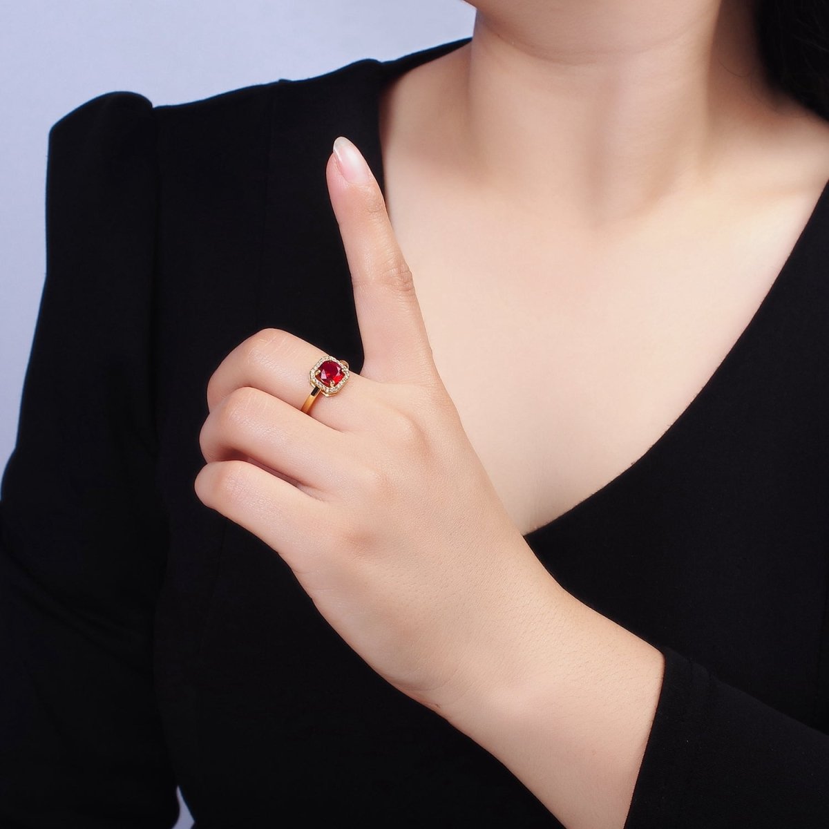 14K Gold Filled Black, Clear, Red CZ  Micro Paved Octagonal Solitaire Adjustable Ring | O-601 O-602 O-641