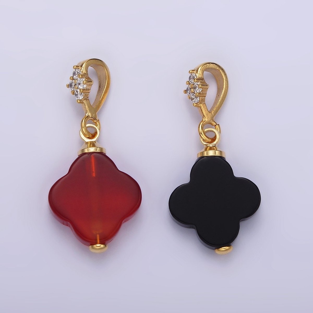 14K Gold Filled Black Onyx, Red Carnelian Quatrefoil Micro Paved CZ Bail Pendant | N1294 N1295