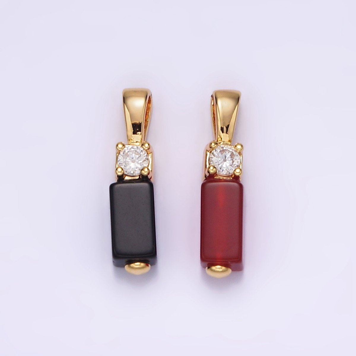 OS 14K Gold Filled Black Onyx, Red Carnelian Rectangular Bar Clear CZ Pendant | N1861