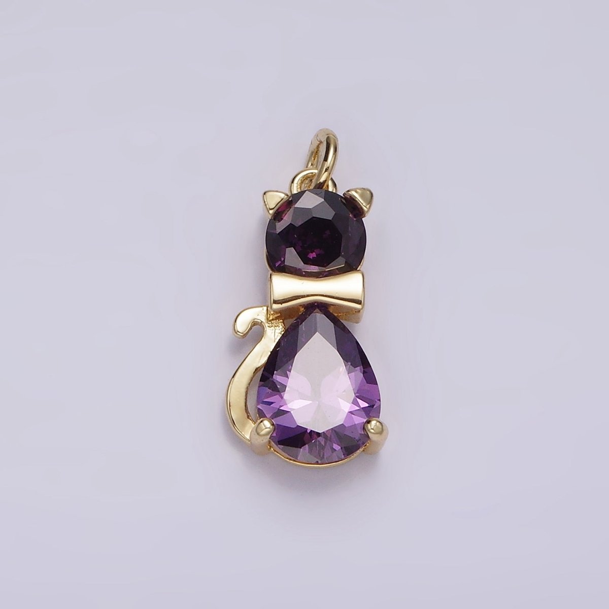 14K Gold Filled Black, Purple CZ Bow-Tied Kitty Cat Animal Charm | AG496 AG497