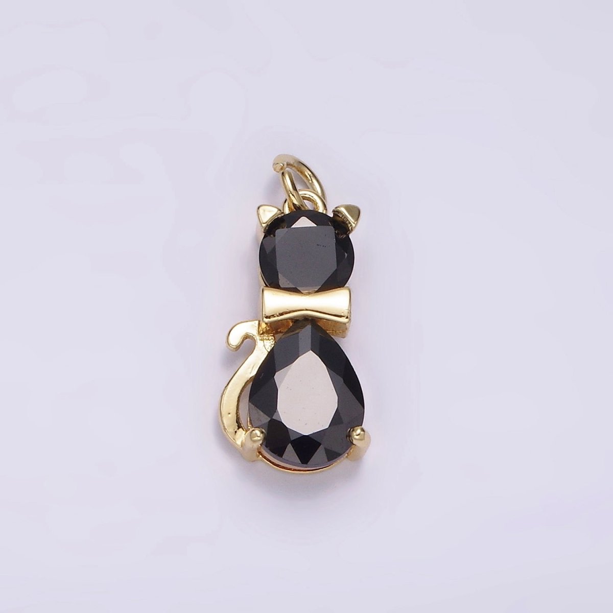 14K Gold Filled Black, Purple CZ Bow-Tied Kitty Cat Animal Charm | AG496 AG497