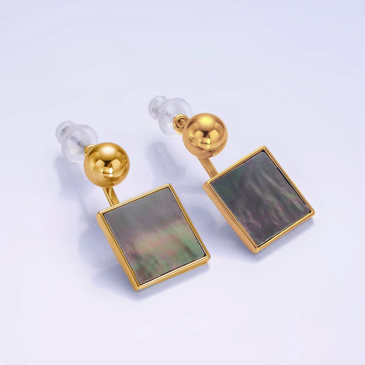 14K Gold Filled Black Shell Pearl Square Drop Round Stud Earrings in Gold & Silver | AE490 AE491