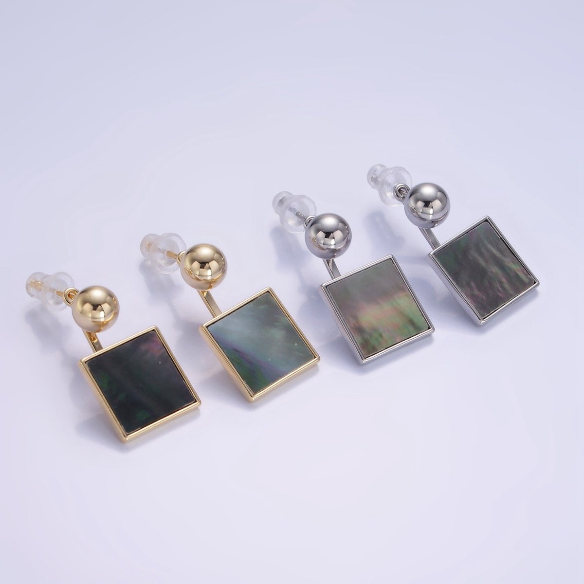 14K Gold Filled Black Shell Pearl Square Drop Round Stud Earrings in Gold & Silver | AE490 AE491