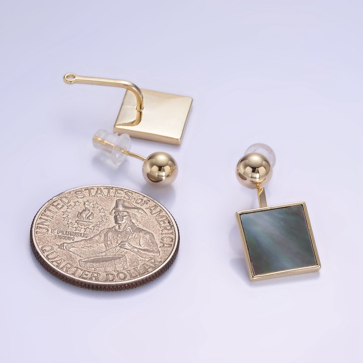 14K Gold Filled Black Shell Pearl Square Drop Round Stud Earrings in Gold & Silver | AE490 AE491