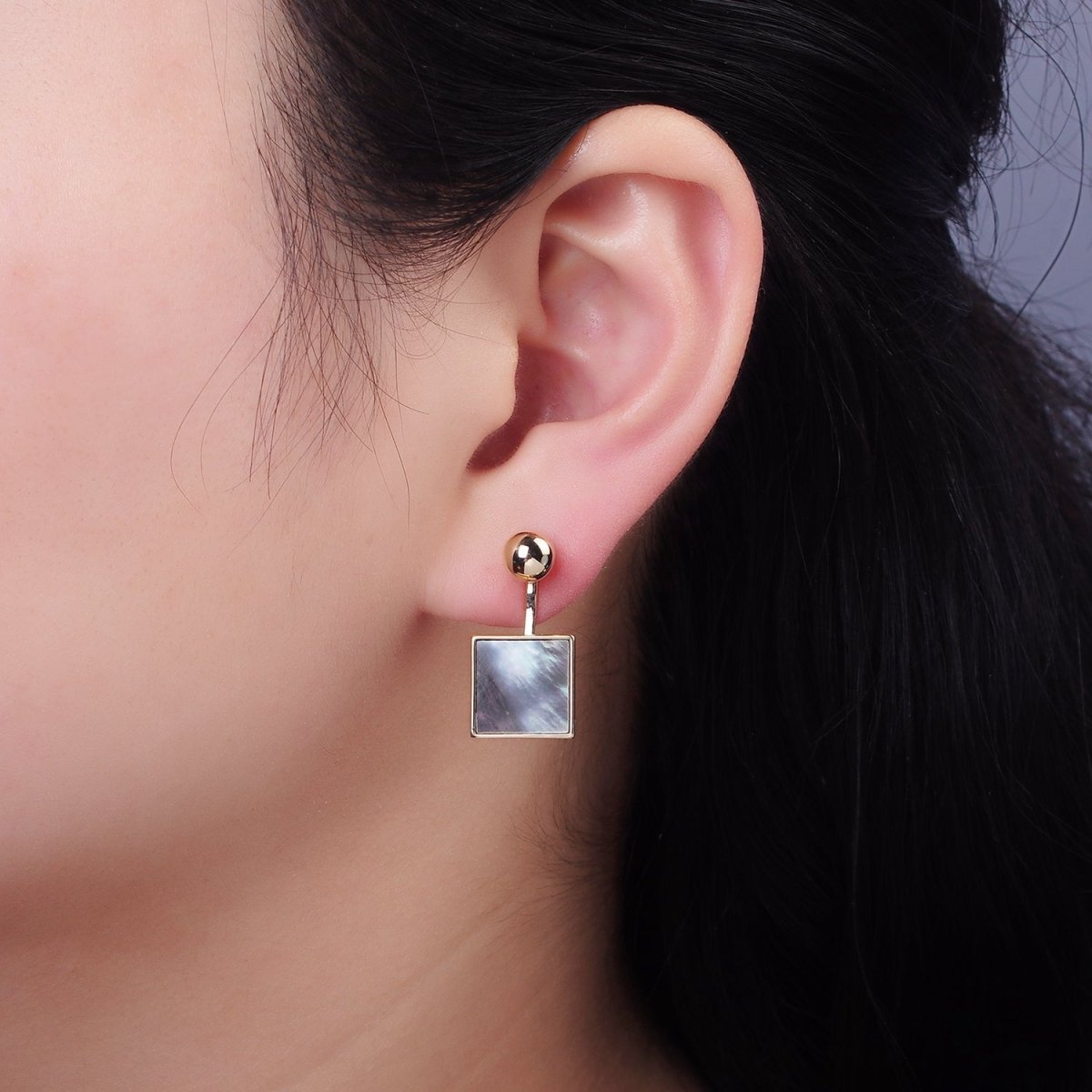 14K Gold Filled Black Shell Pearl Square Drop Round Stud Earrings in Gold & Silver | AE490 AE491