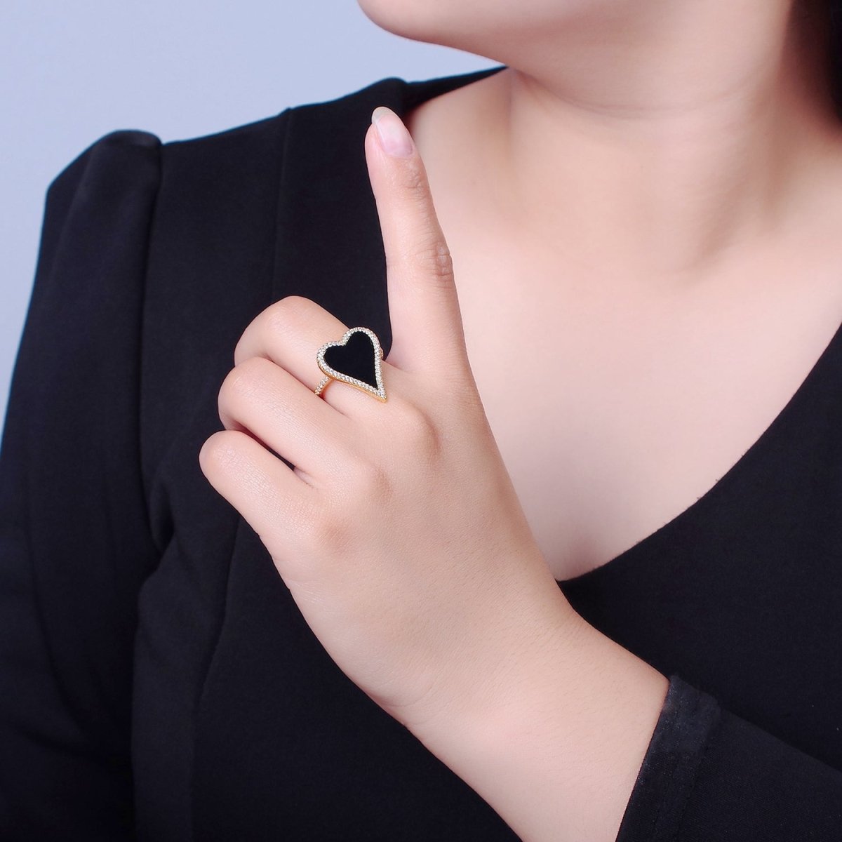 14K Gold Filled Black White Heart Ring, Dainty Gold Love Ring, Waterproof Friendship Ring, Pearl Heart Ring O-2198 O-2199 O-2200