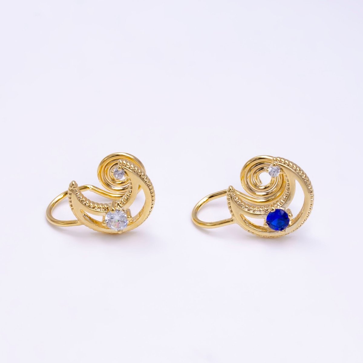 14K Gold Filled Blue, Clear CZ Open Celestial Crescent Moon Beaded Ear Cuff Earrings | AI111 AE112