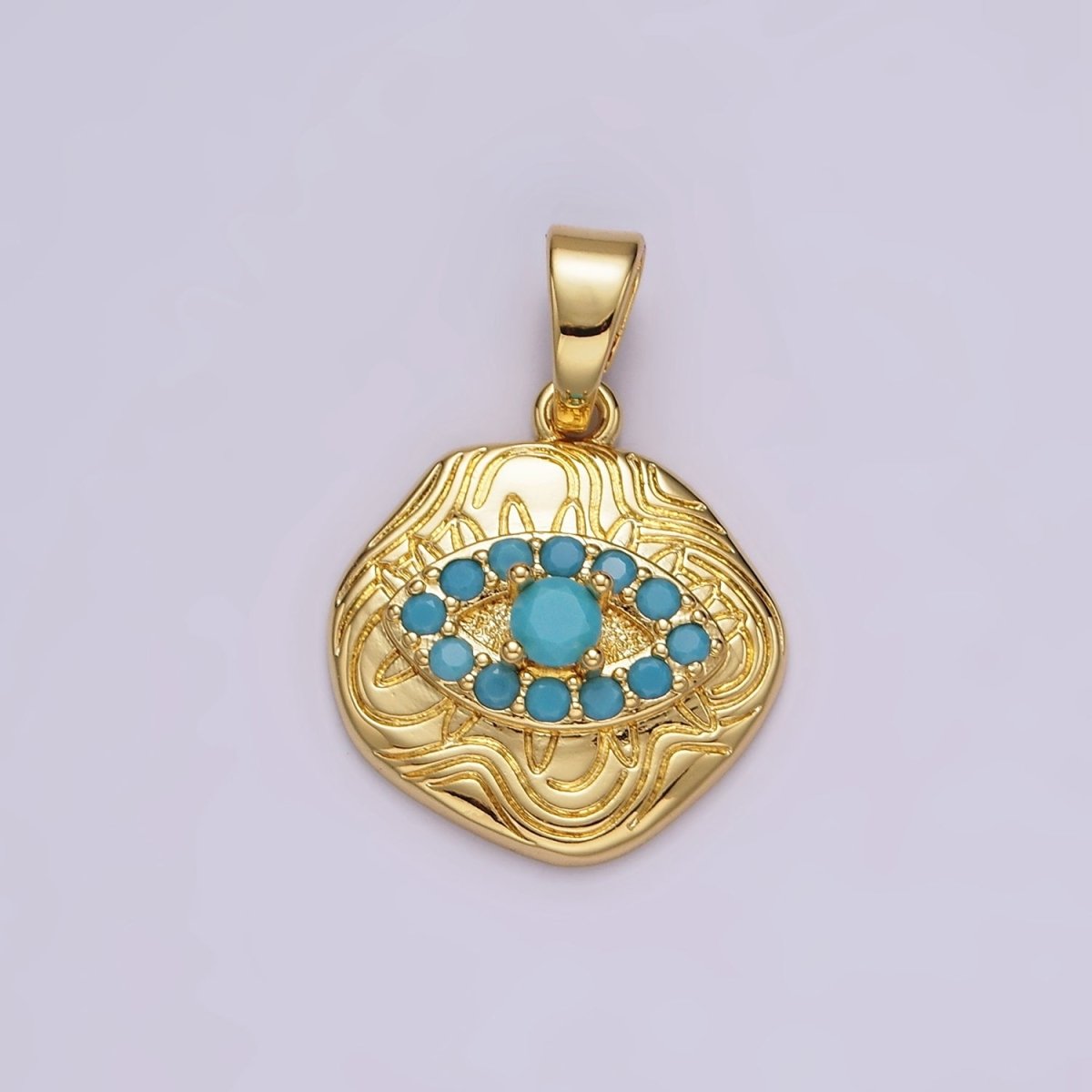 14K Gold Filled Blue, Clear, Fuchsia, Green, Turquoise CZ Evil Eye Artisan Abstract Lined Pendant | AH121 - AH123