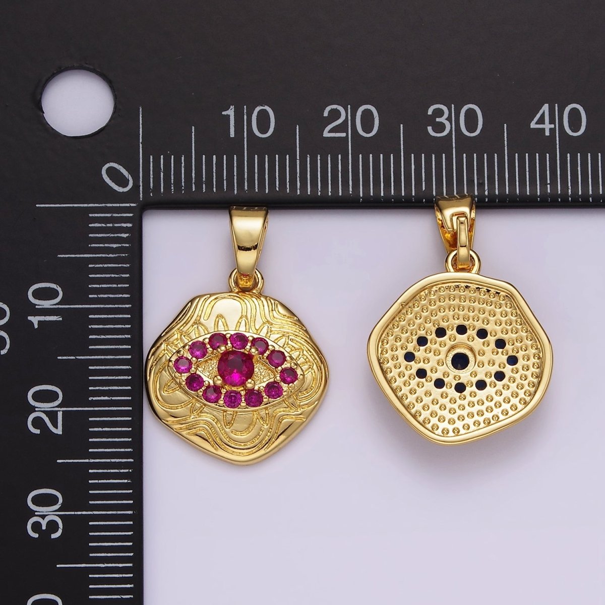 14K Gold Filled Blue, Clear, Fuchsia, Green, Turquoise CZ Evil Eye Artisan Abstract Lined Pendant | AH121 - AH123