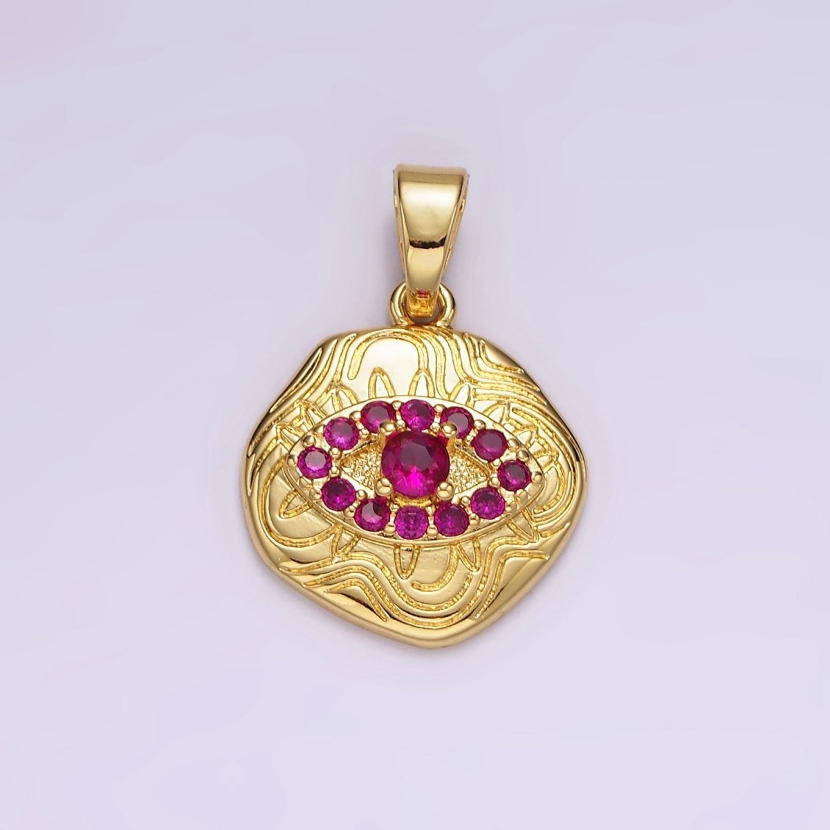 14K Gold Filled Blue, Clear, Fuchsia, Green, Turquoise CZ Evil Eye Artisan Abstract Lined Pendant | AH121 - AH123