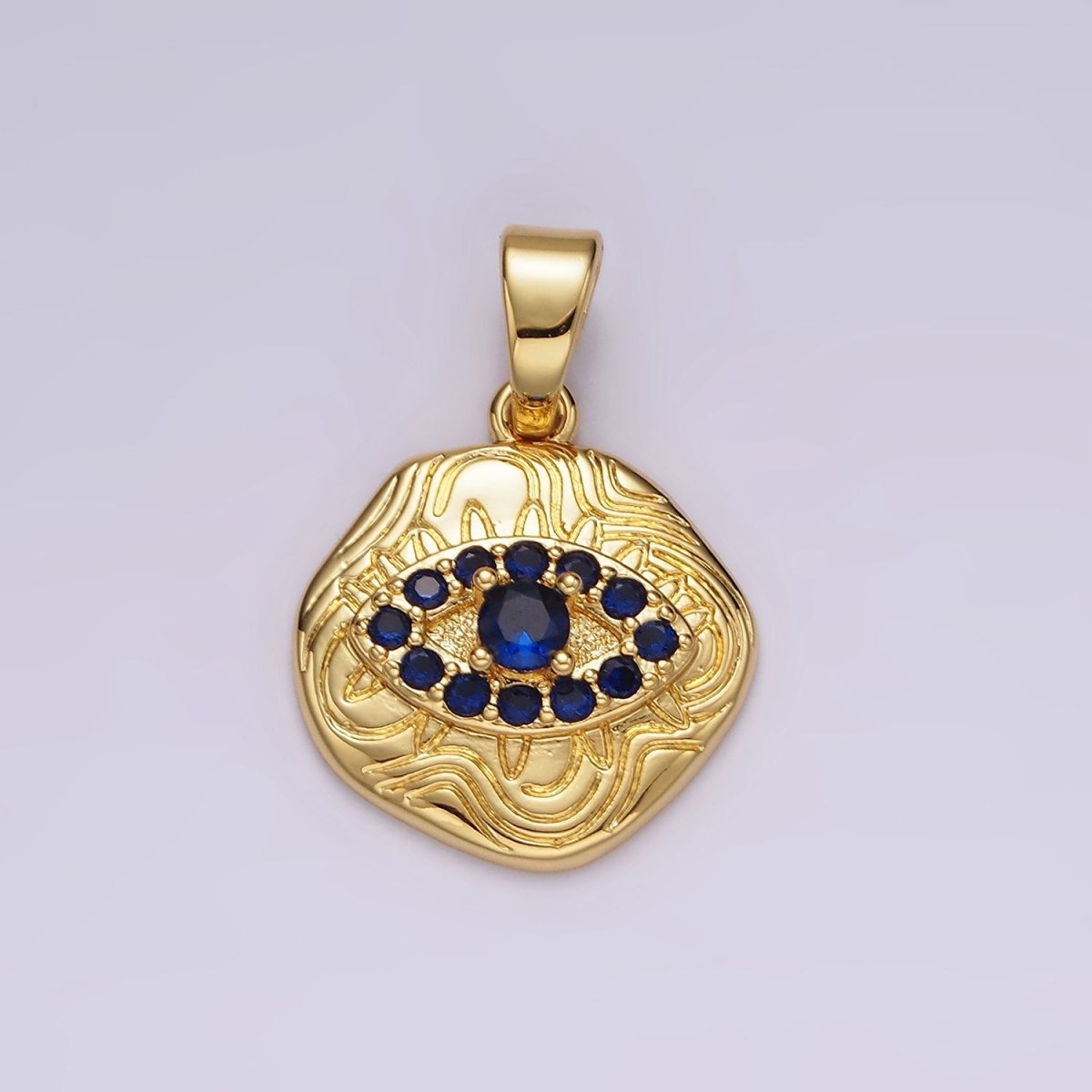 14K Gold Filled Blue, Clear, Fuchsia, Green, Turquoise CZ Evil Eye Artisan Abstract Lined Pendant | AH121 - AH123