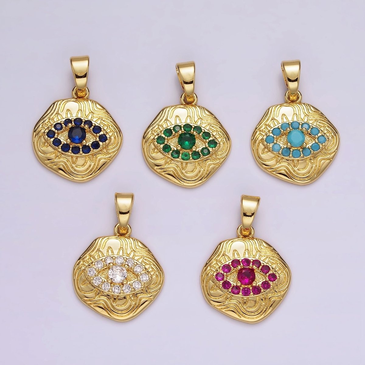 14K Gold Filled Blue, Clear, Fuchsia, Green, Turquoise CZ Evil Eye Artisan Abstract Lined Pendant | AH121 - AH123