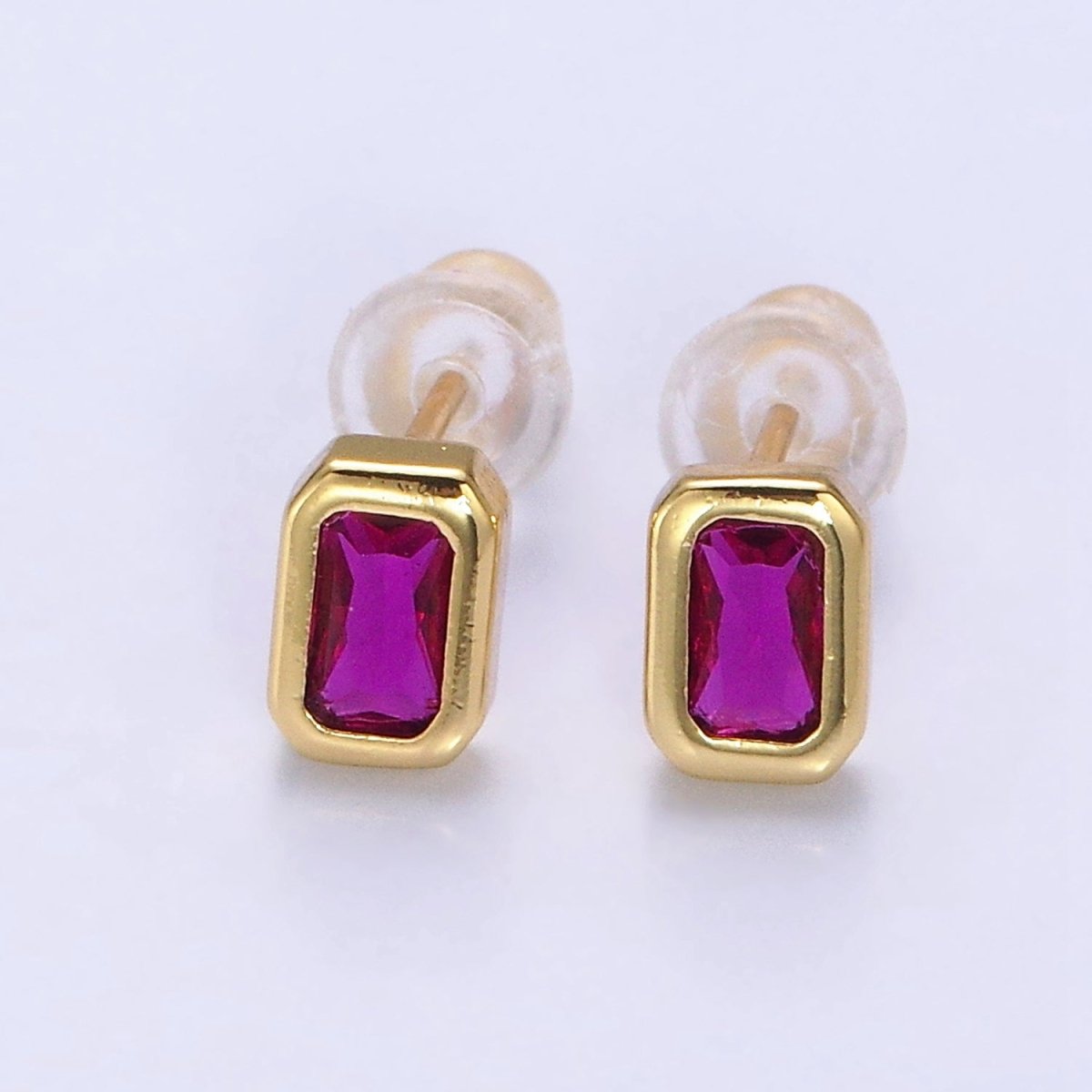 14K Gold Filled Blue, Clear, Fuchsia, Red, Pink Multifaceted Baguette CZ Bezel Stud Earrings | AD-448~AD-452