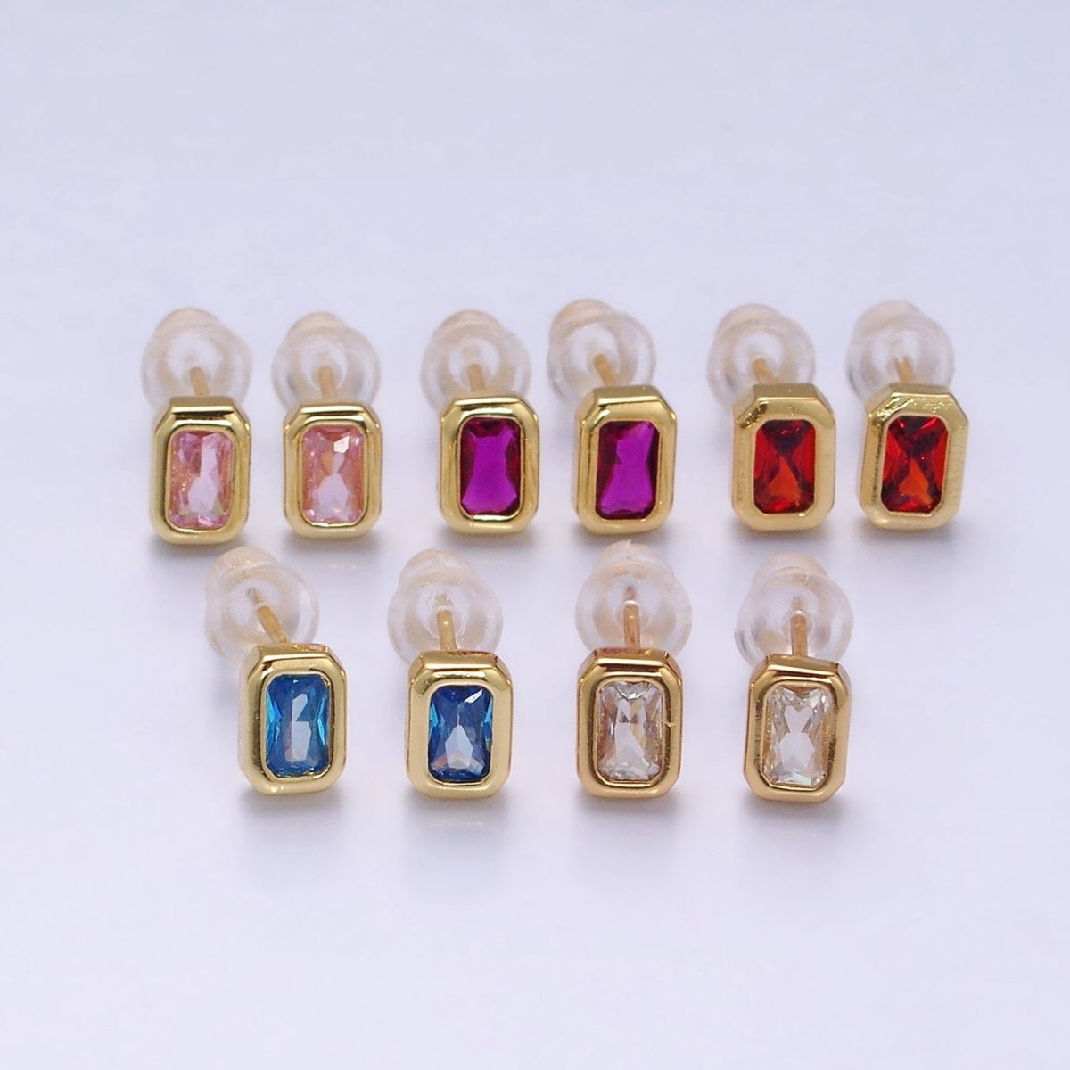 14K Gold Filled Blue, Clear, Fuchsia, Red, Pink Multifaceted Baguette CZ Bezel Stud Earrings | AD-448~AD-452
