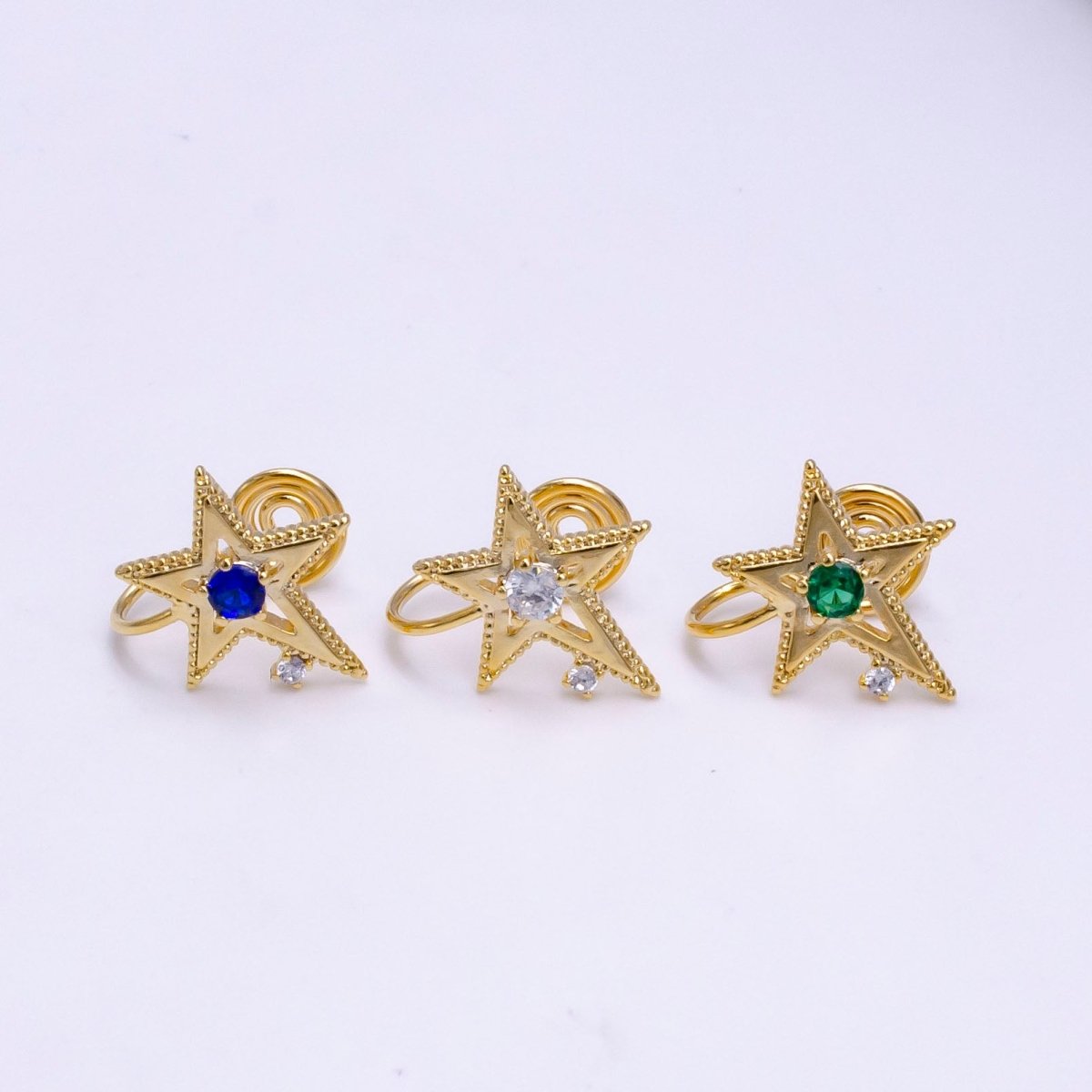 14K Gold Filled Blue, Clear, Green CZ Open Celestial Star Beaded Ear Cuff Earrings | AI113 - AI115