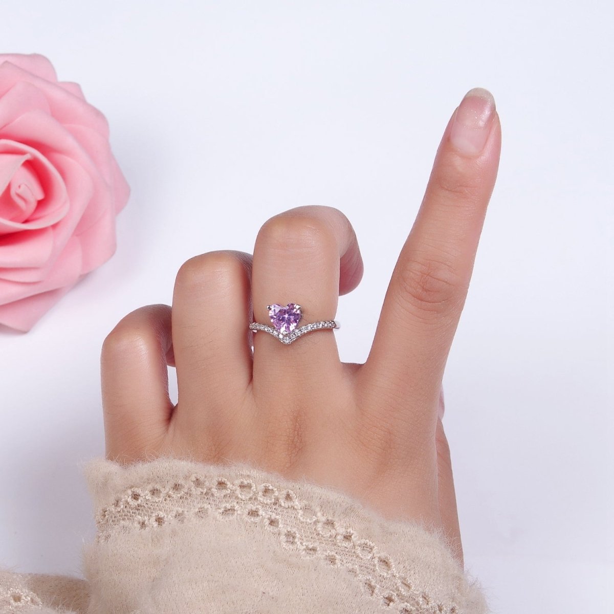14K Gold Filled Blue, Clear, Pink Heart CZ Micro Paved Chevron Ring in Silver & Gold | O-627 ~ O-630