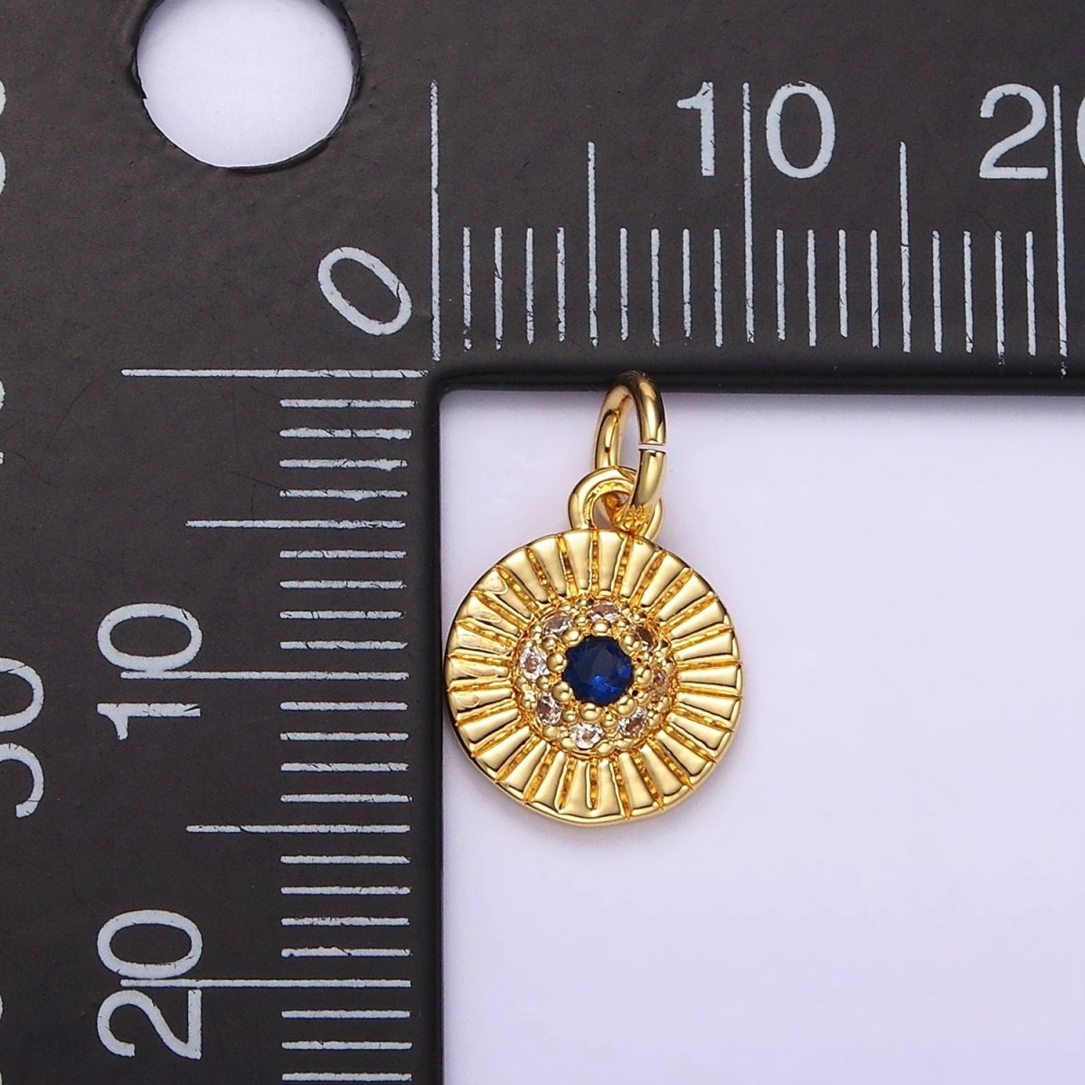 14K Gold Filled Blue CZ Dotted Line-Textured Round 15mm Charm in Silver & Gold | N1157 N1158