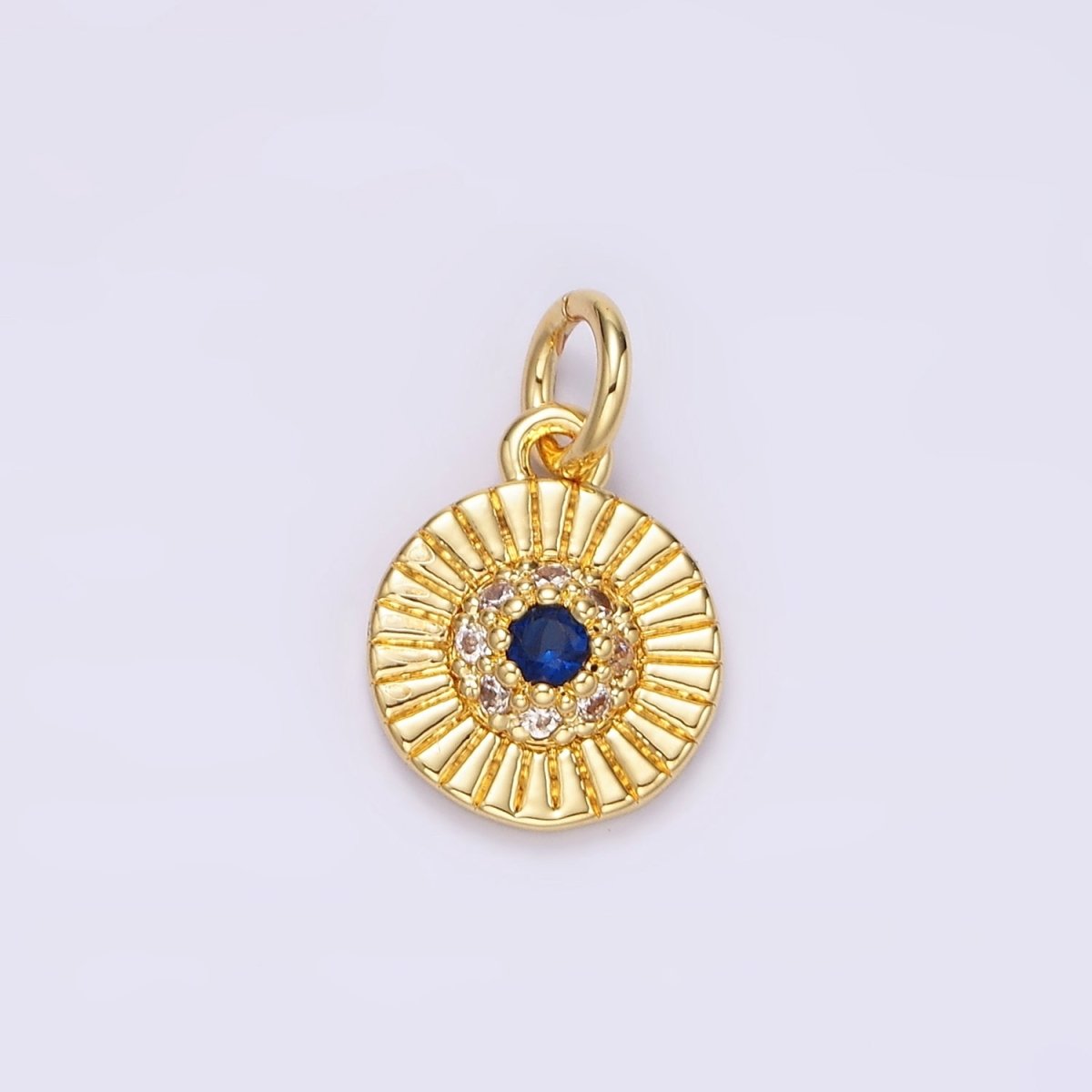 14K Gold Filled Blue CZ Dotted Line-Textured Round 15mm Charm in Silver & Gold | N1157 N1158