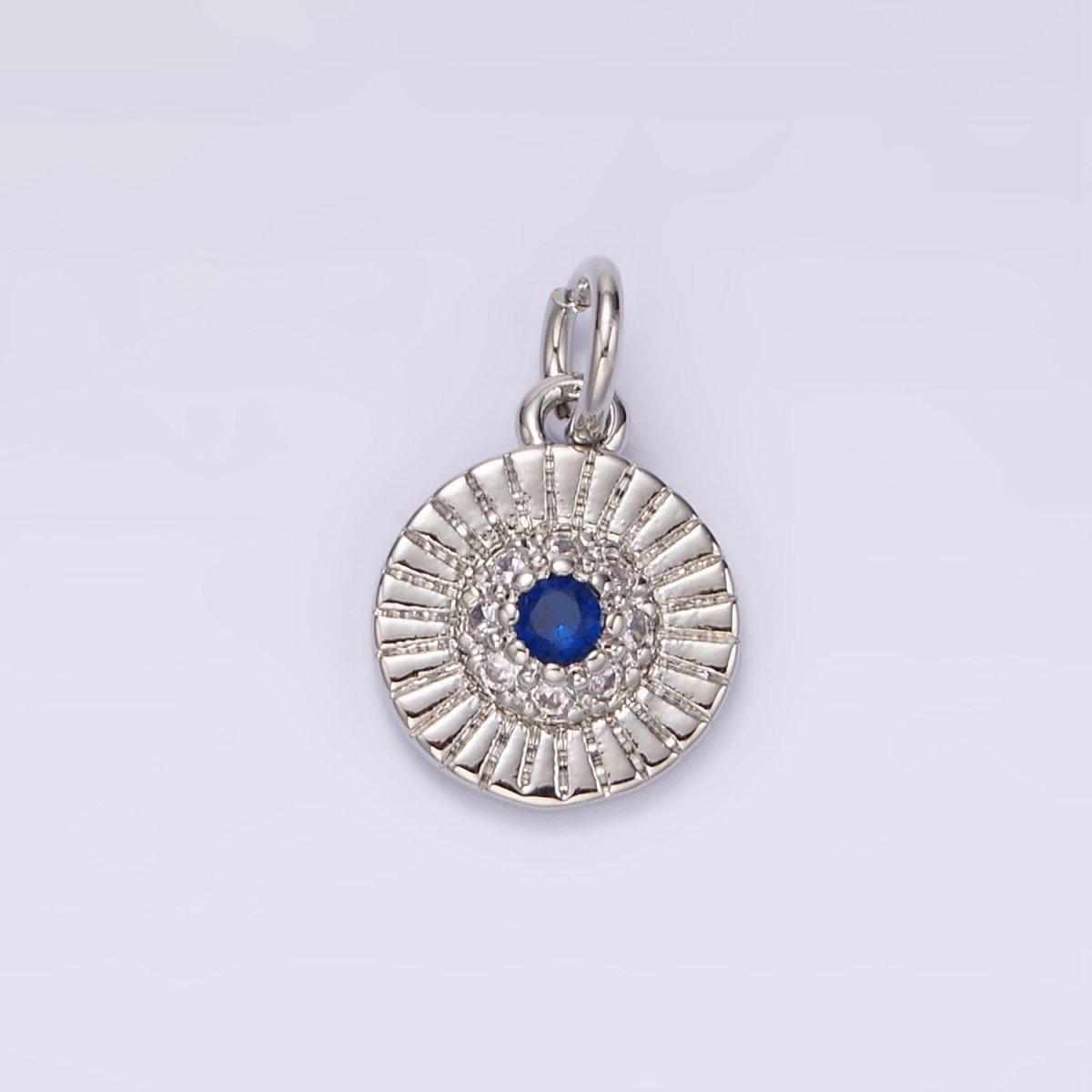 14K Gold Filled Blue CZ Dotted Line-Textured Round 15mm Charm in Silver & Gold | N1157 N1158