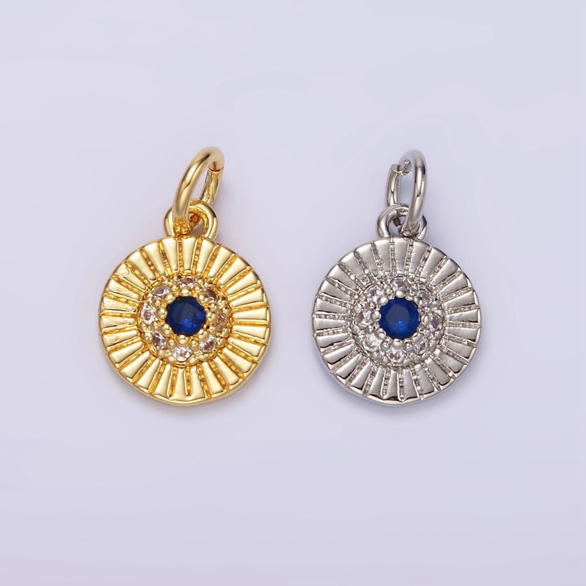 14K Gold Filled Blue CZ Dotted Line-Textured Round 15mm Charm in Silver & Gold | N1157 N1158