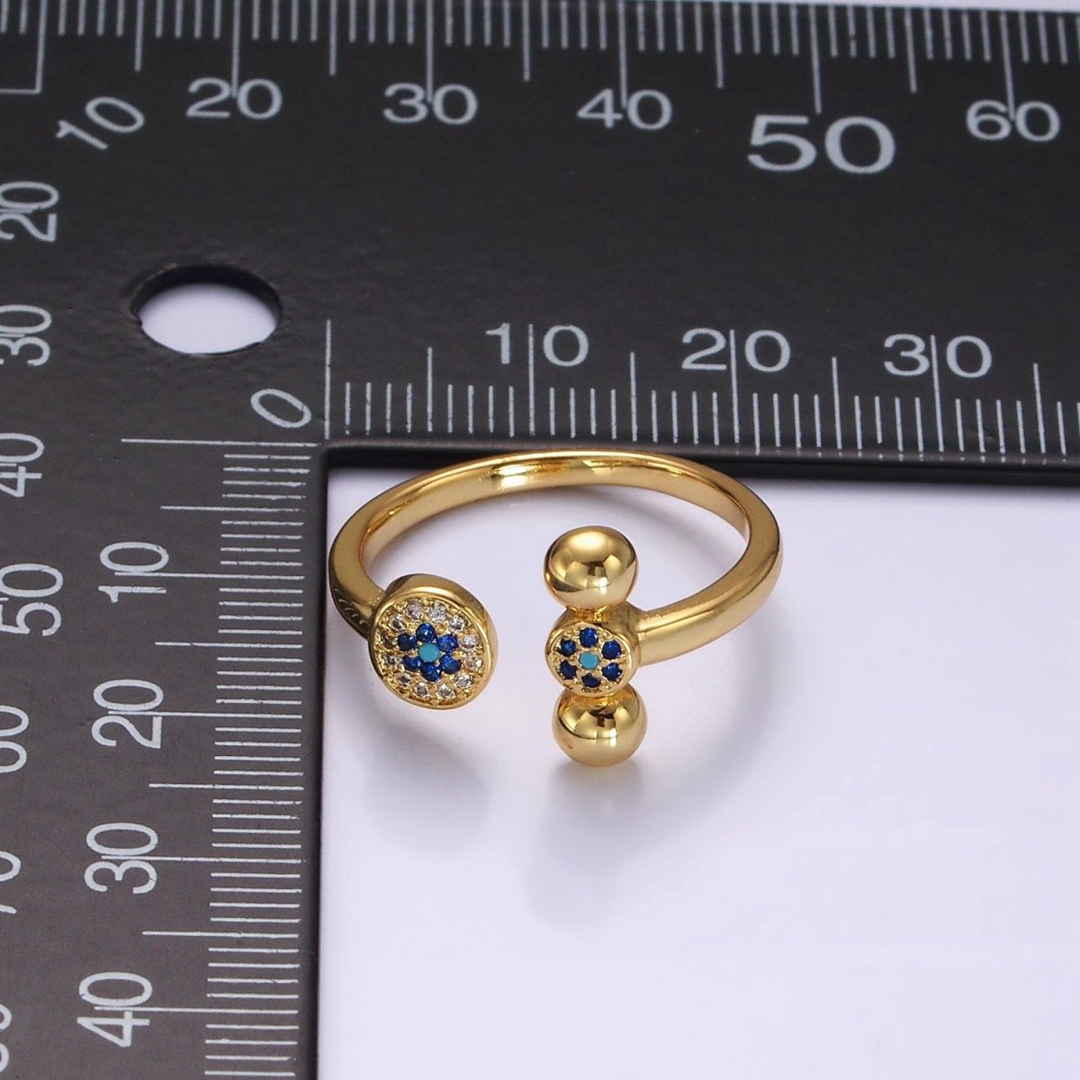 14K Gold Filled Blue CZ Evil Eye Round Triple Bubble Open Claw Ring in Gold & Silver | O1057 O1061