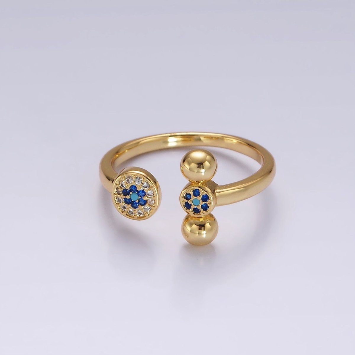 14K Gold Filled Blue CZ Evil Eye Round Triple Bubble Open Claw Ring in Gold & Silver | O1057 O1061